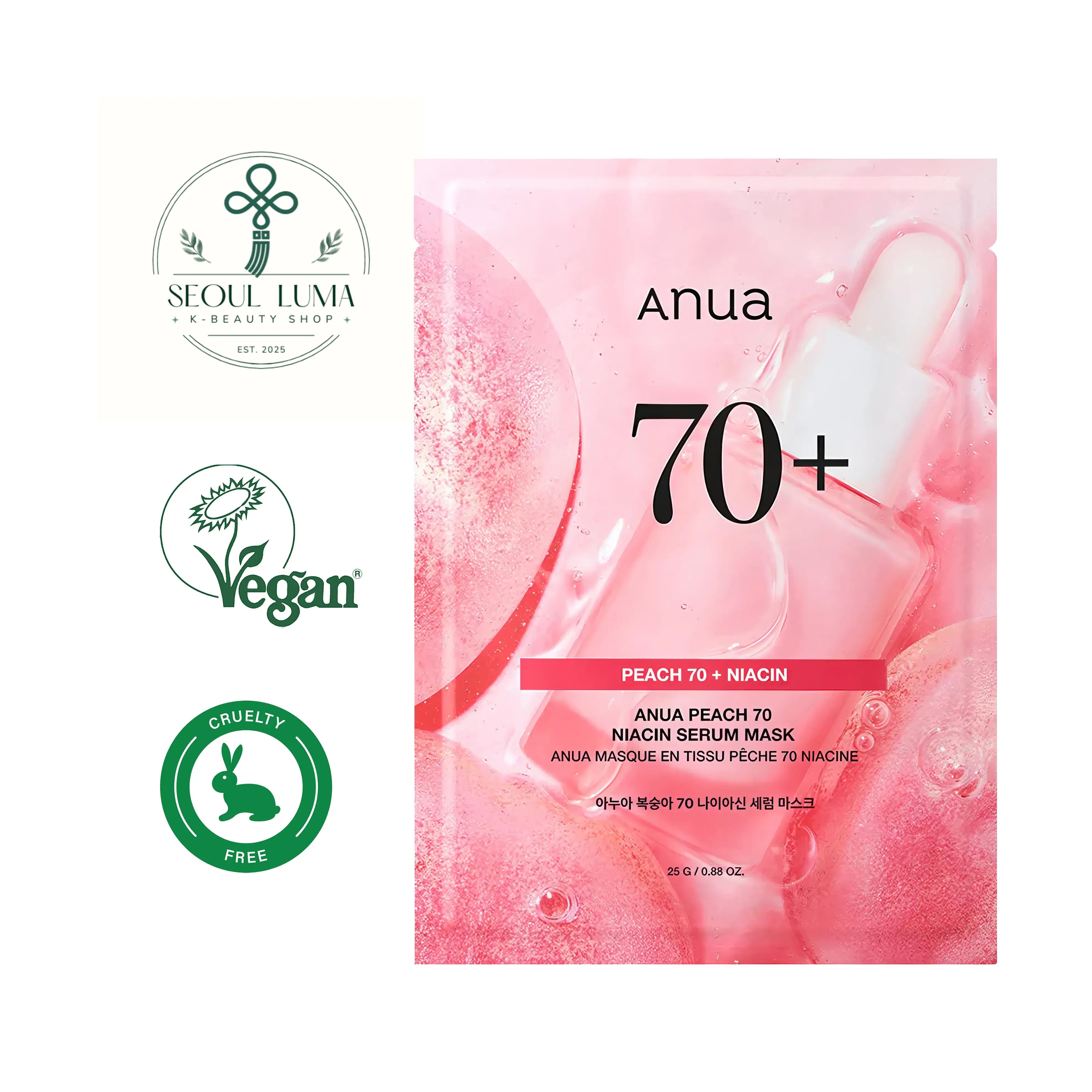 Anua Peach 70 + Niacin Serum Mask Sheet with 70% peach extract and niacinamide for brightening and hydrating skin